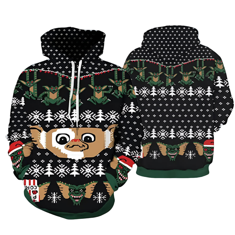 Hoodie with a cartoon character and festive pattern on a black background