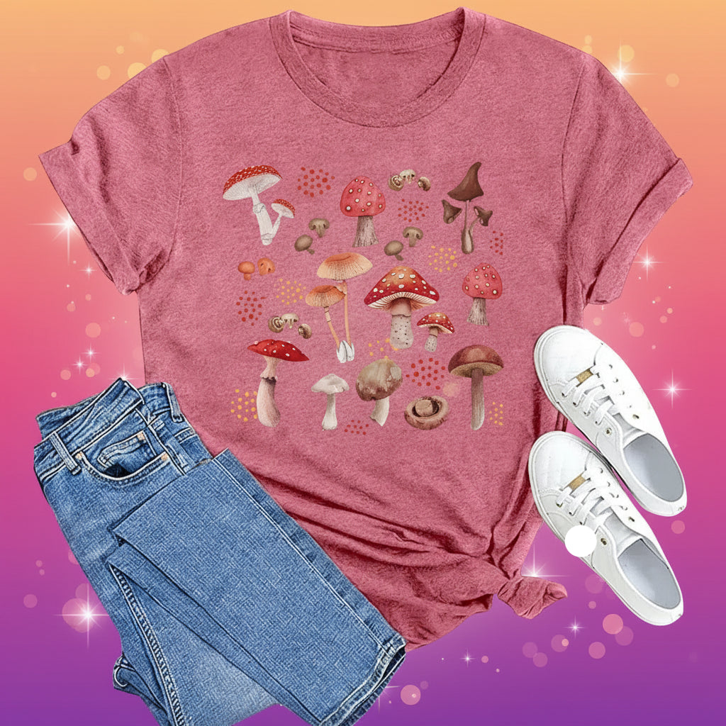 Pink t-shirt with mushroom design, blue jeans, and white sneakers on a white background
