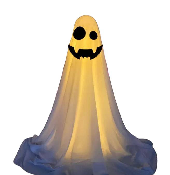 Glowing ghost costume with a pumpkin face design against a dark background.
