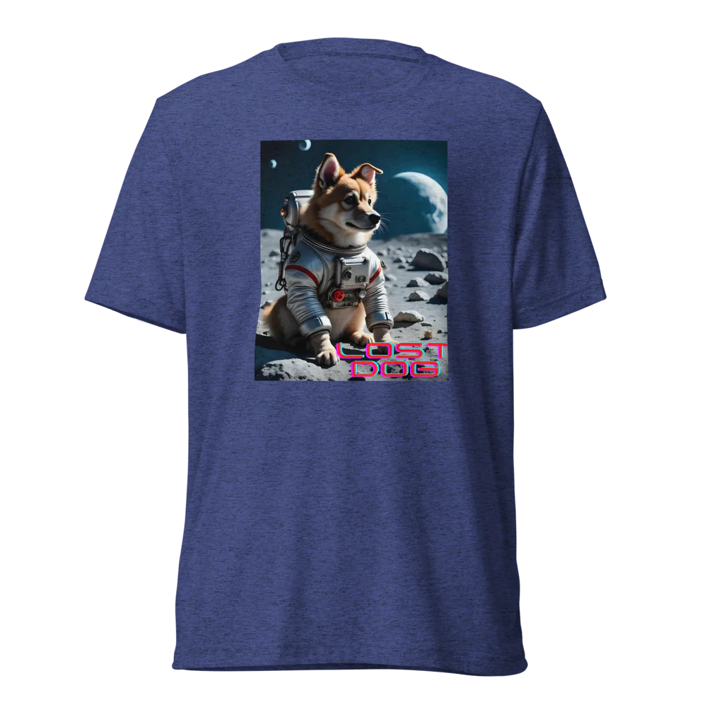 Blue t-shirt with a graphic of a dog in an astronaut suit on the moon, labeled 'Lost Dog'.