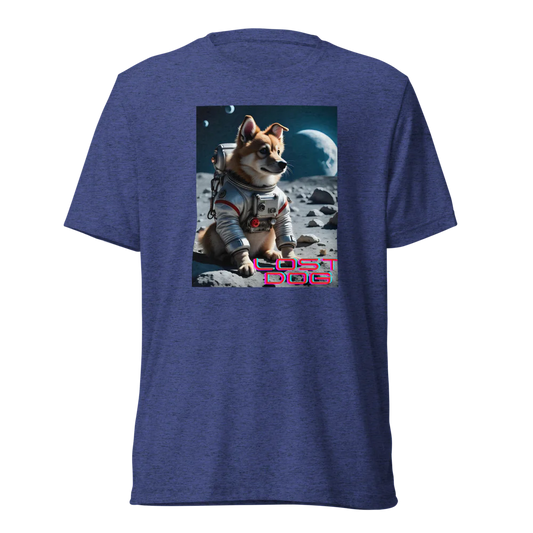 Blue t-shirt with a graphic of a dog in an astronaut suit on the moon, labeled 'Lost Dog'.