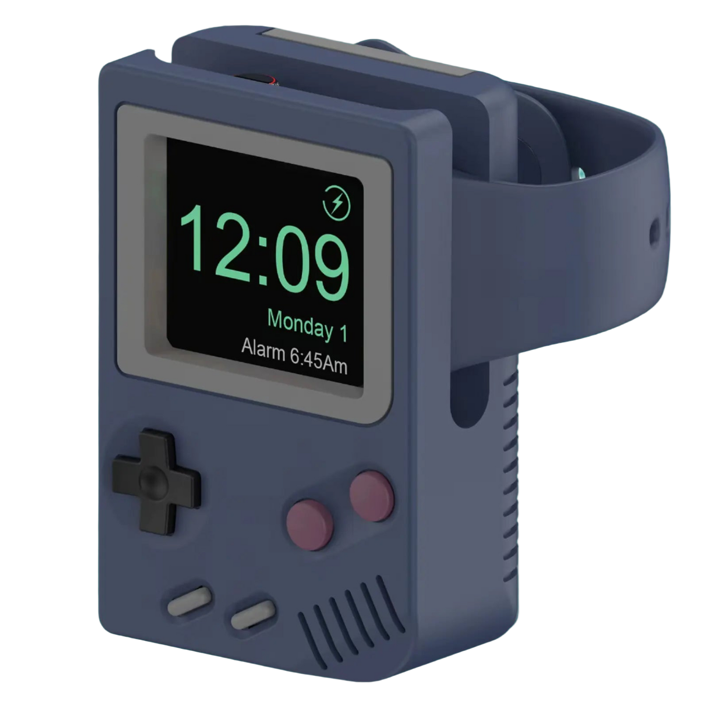 Blue digital alarm clock with wrist strap on a white background