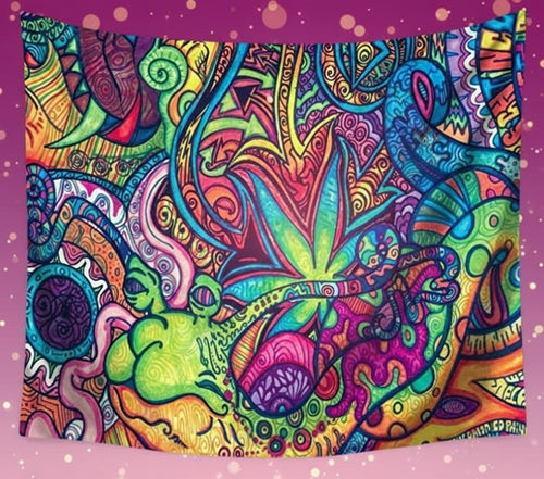 Colorful tapestry with abstract designs featuring animals and patterns.