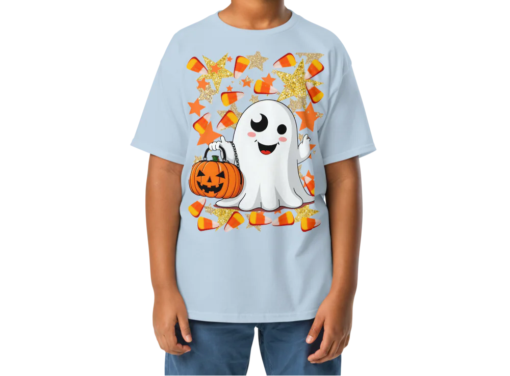 Child wearing a light blue t-shirt with a Halloween-themed design featuring a ghost, pumpkin, and candy corn on a white background.
