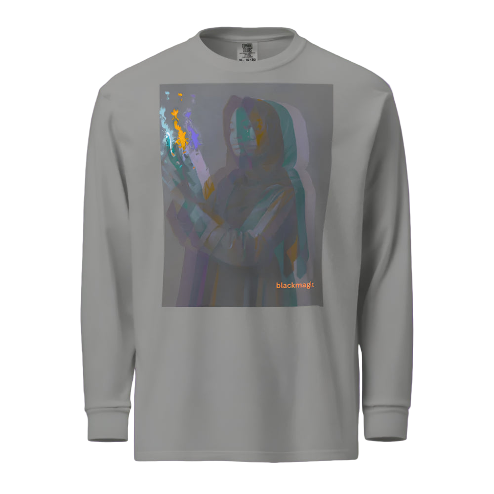 Gray long-sleeve shirt with a colorful graphic and 'blackmagic' text on a white background