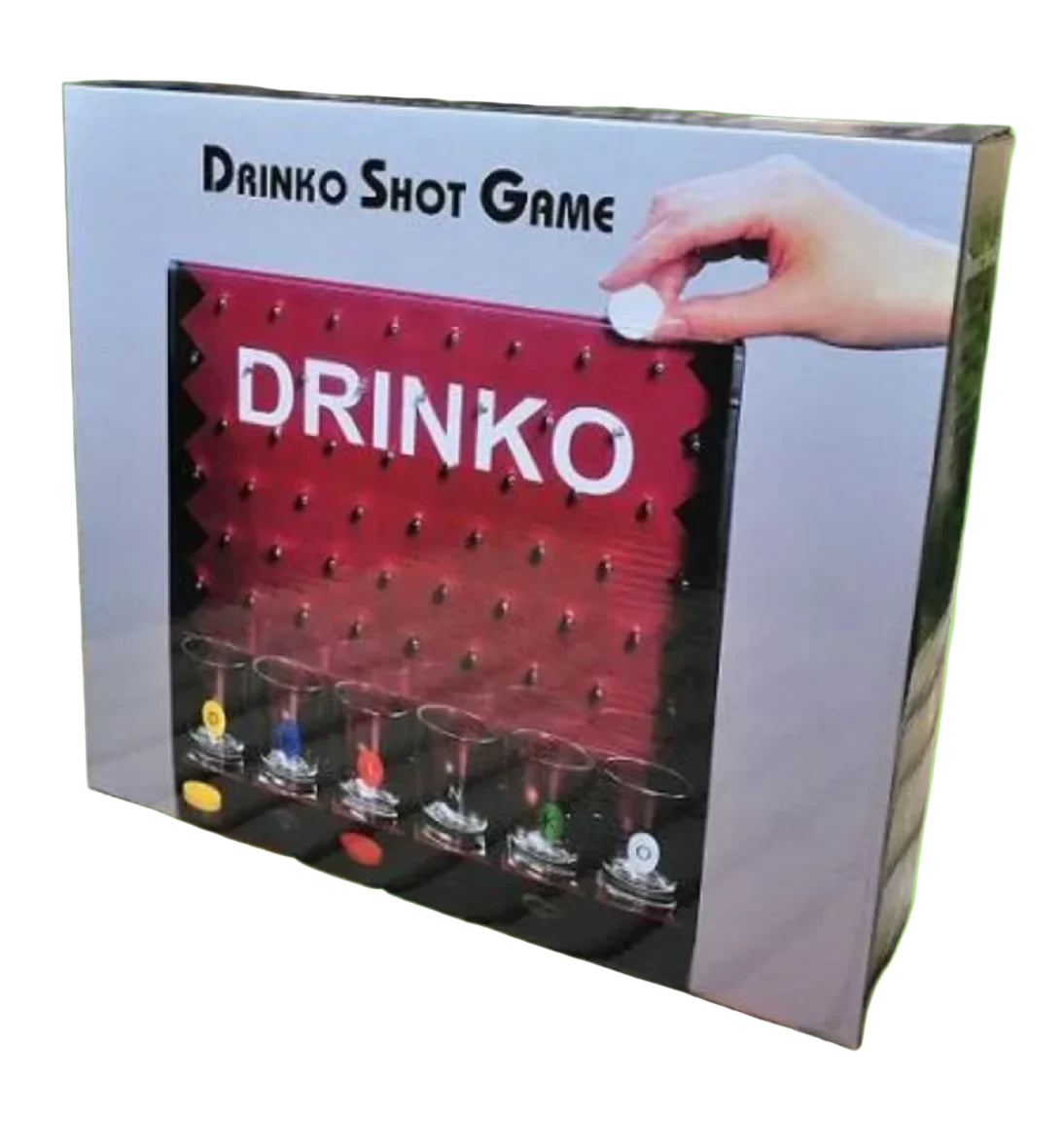 Packaging of Drinko Shot Game with red board and shot glasses on a wooden surface.