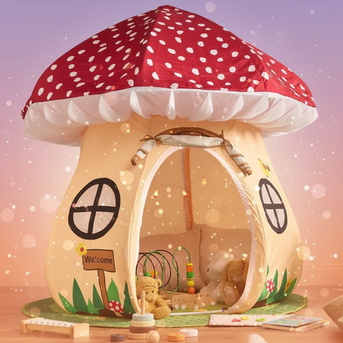 Children's mushroom-shaped play tent with toys inside on a wooden floor.