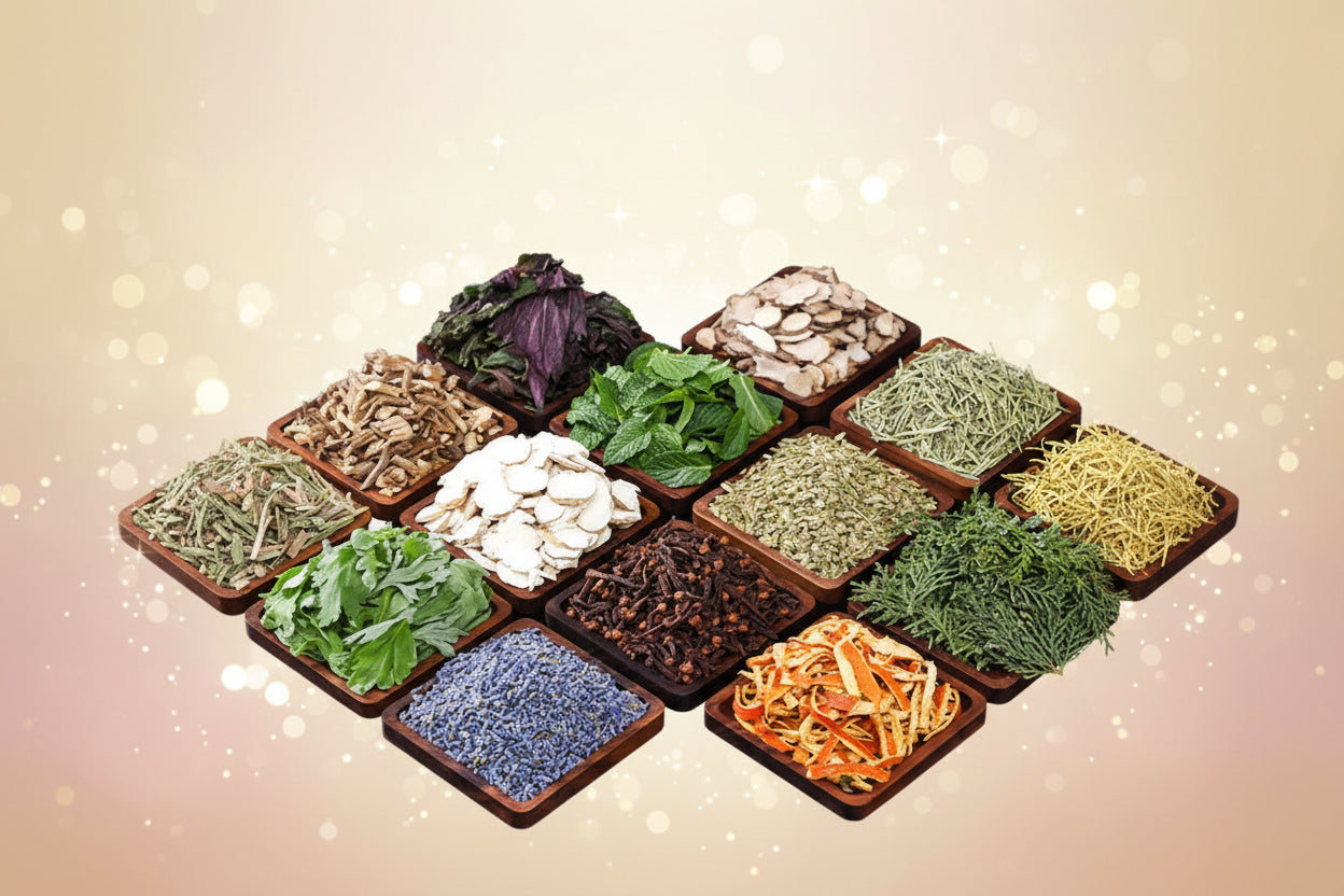 Collection of mosquito repellent and soothing herbs in wooden bowls on a black background.
