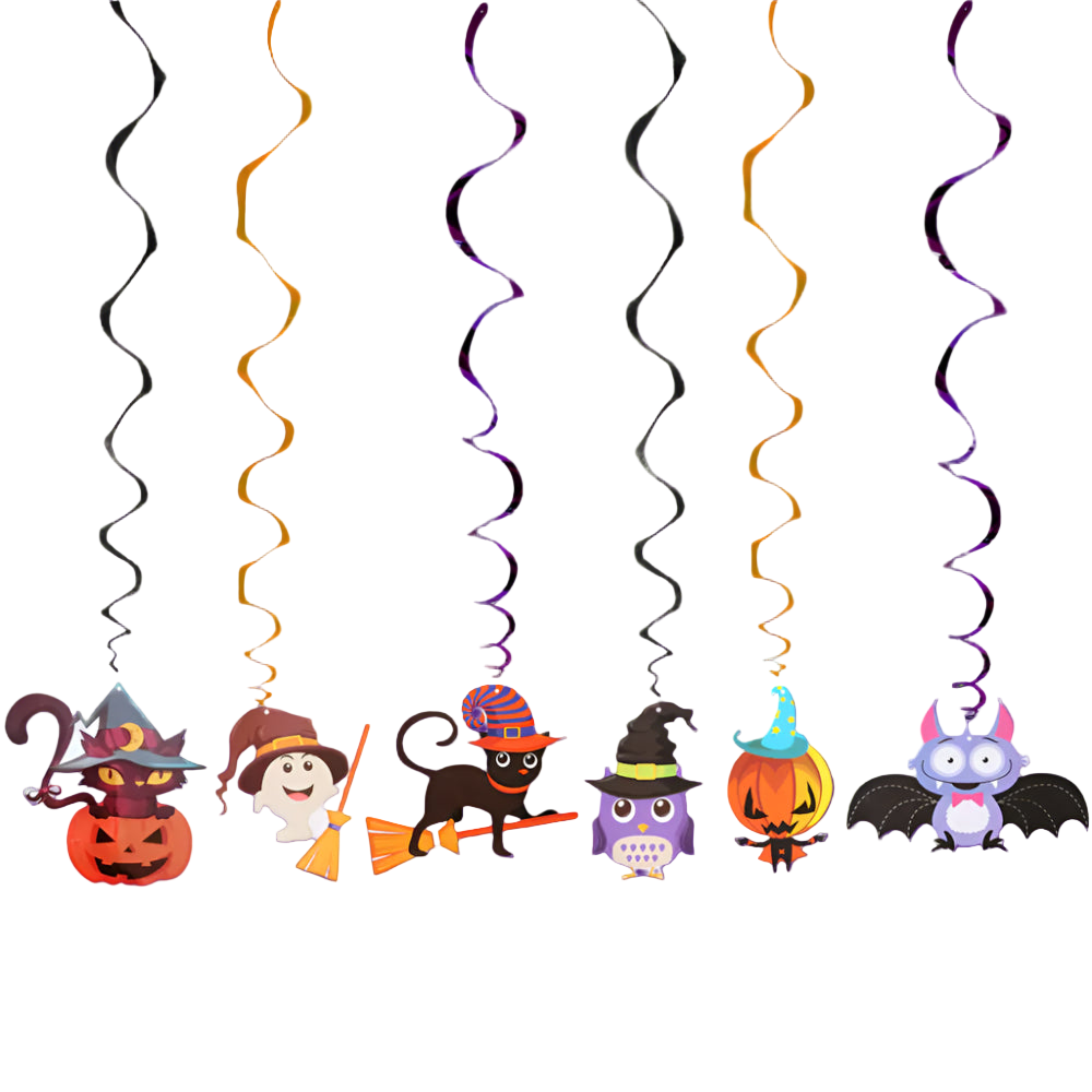 Halloween-themed hanging decorations with cartoon characters on a white background