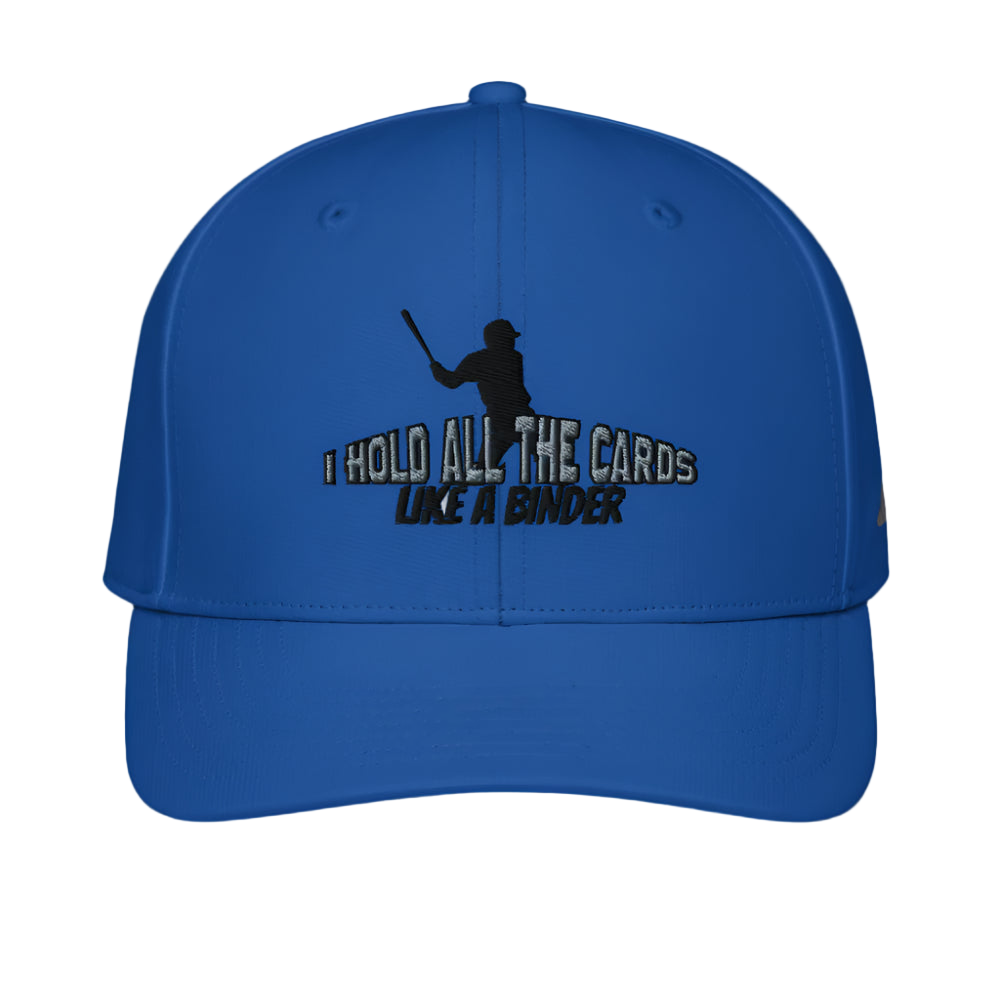 Blue cap with black text and graphic on a white background