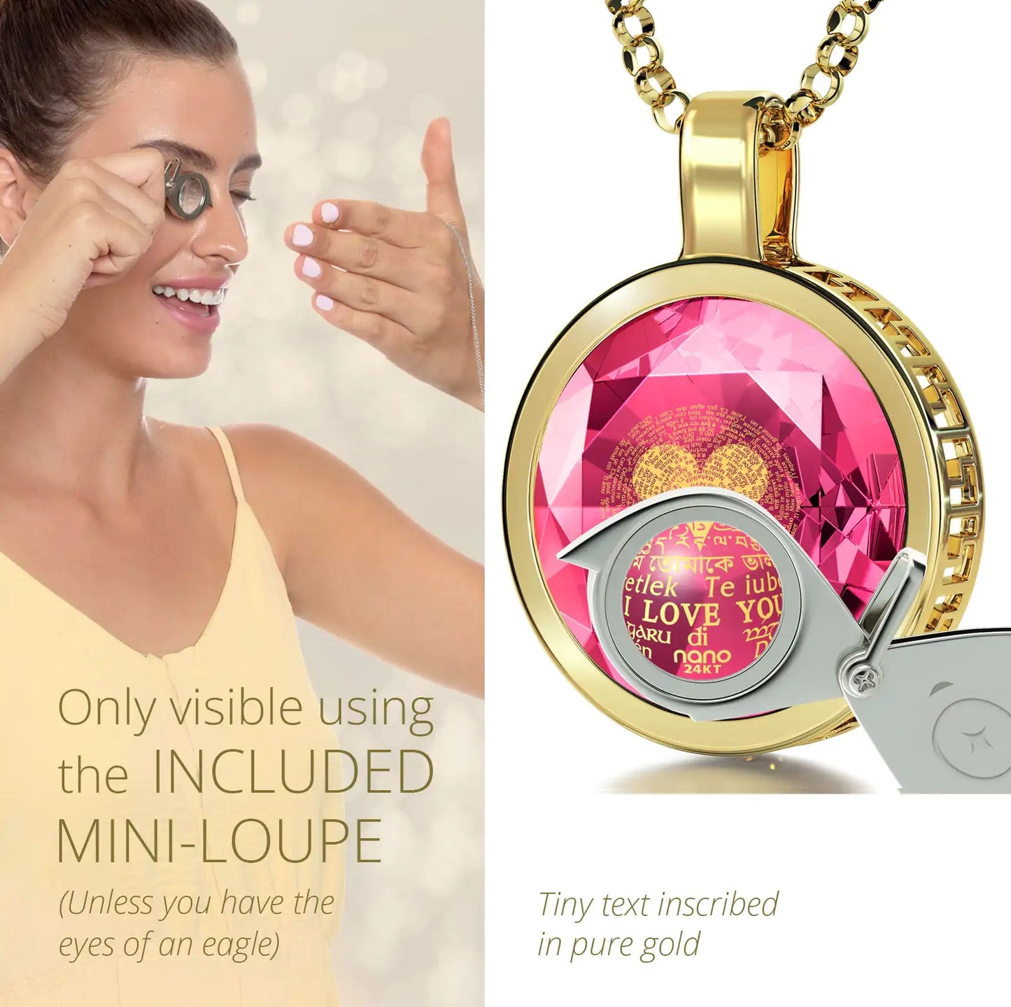 Gold necklace with pink gem and text, woman using magnifying glass.