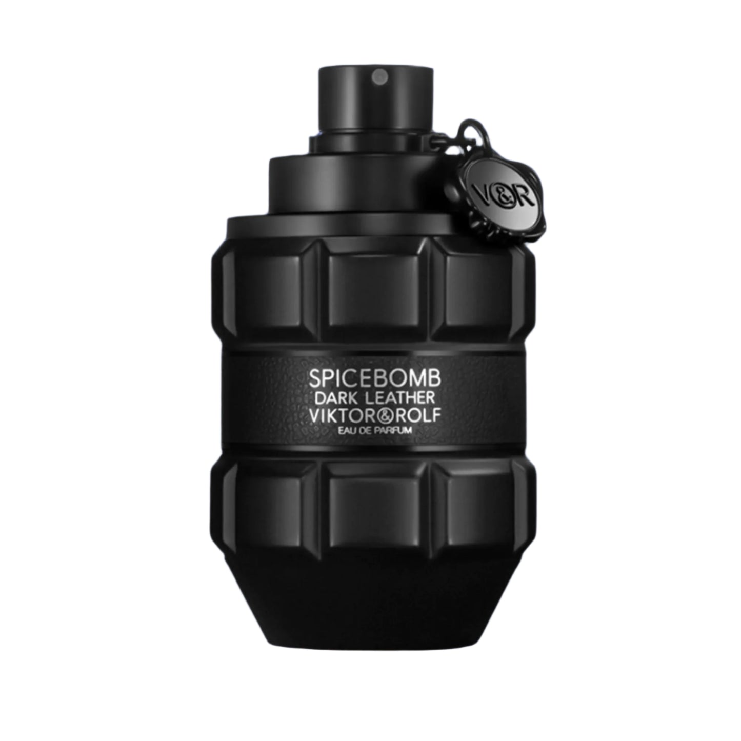 Black perfume bottle with 'Viktor & Rolf Spicebomb Dark Leather' text on a white background