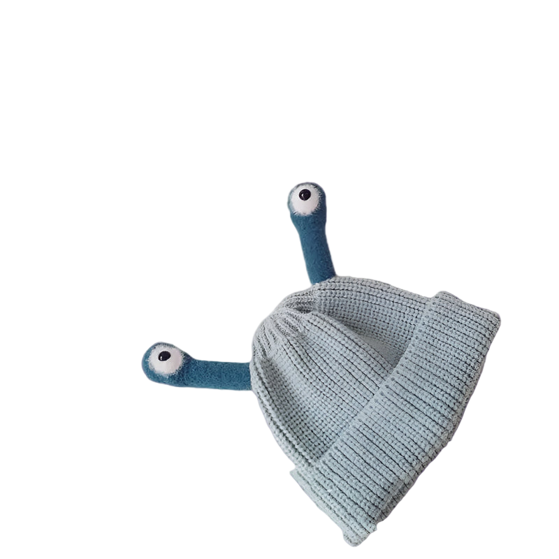 Knitted baby hat with blue arms and legs on a light gray background