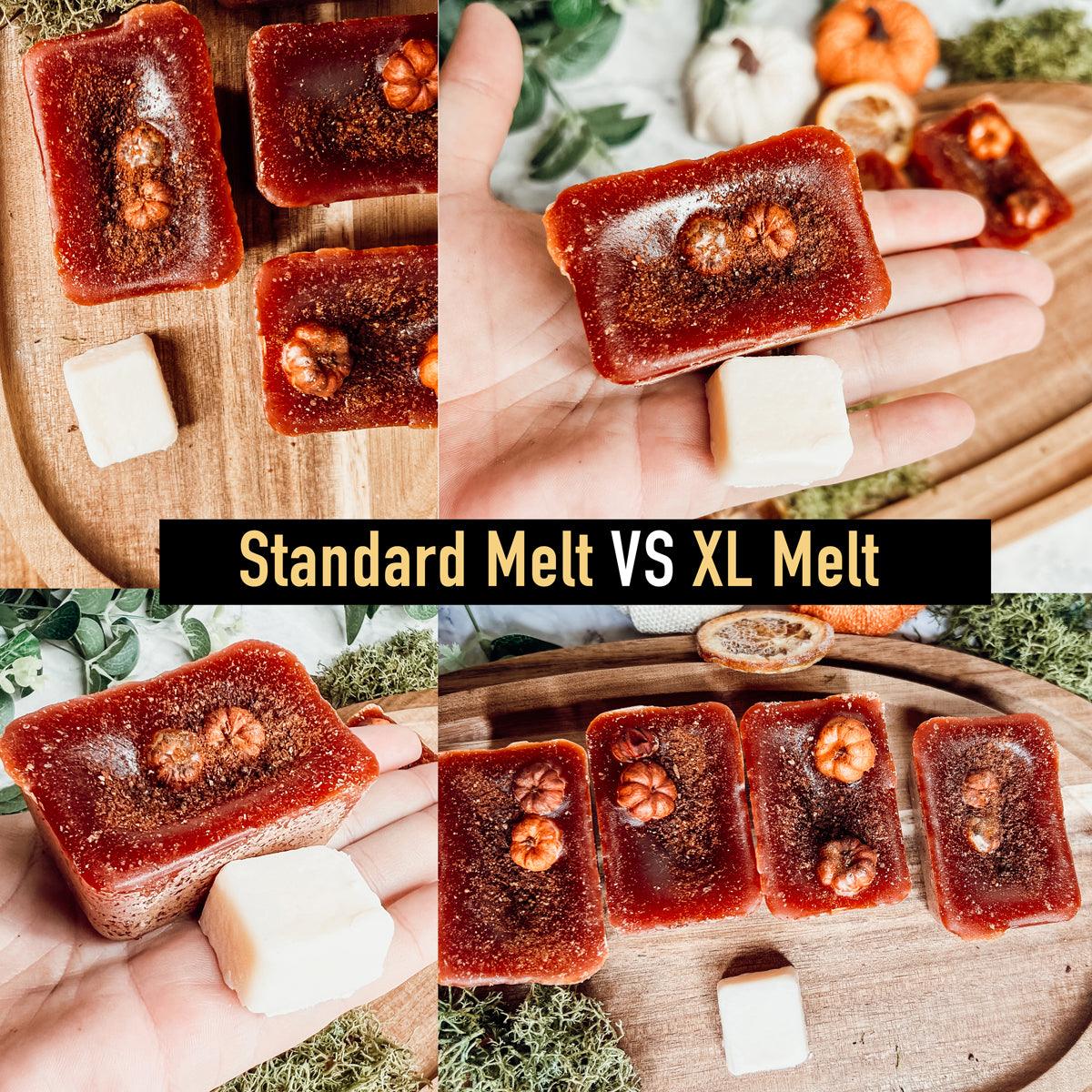 Collage comparing Standard Melt and XL Melt sizes on a wooden board with decorative elements.