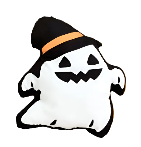 Halloween-themed pillow with ghost design and black hat on a white background