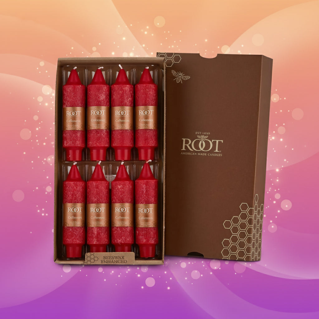 Box of red candles with 'ROOT' branding on a white background