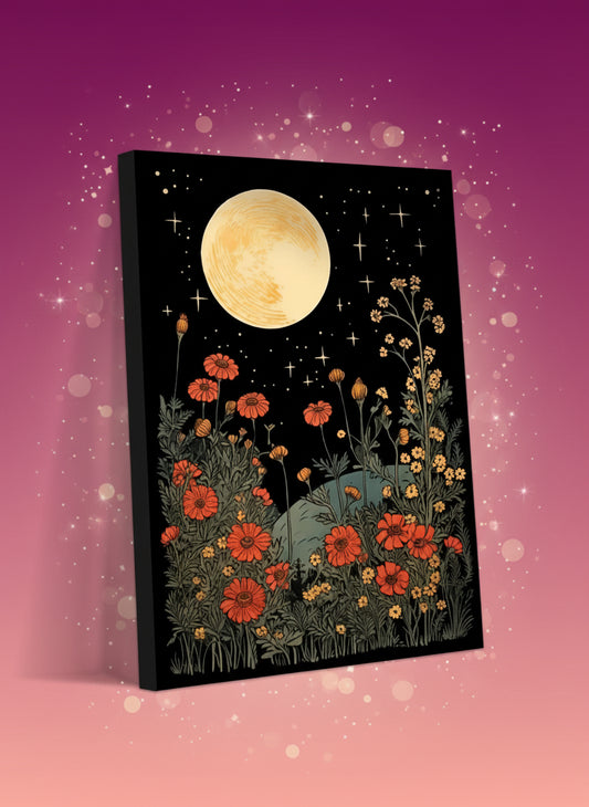 Canvas print with a night sky, moon, and flowers on a black background