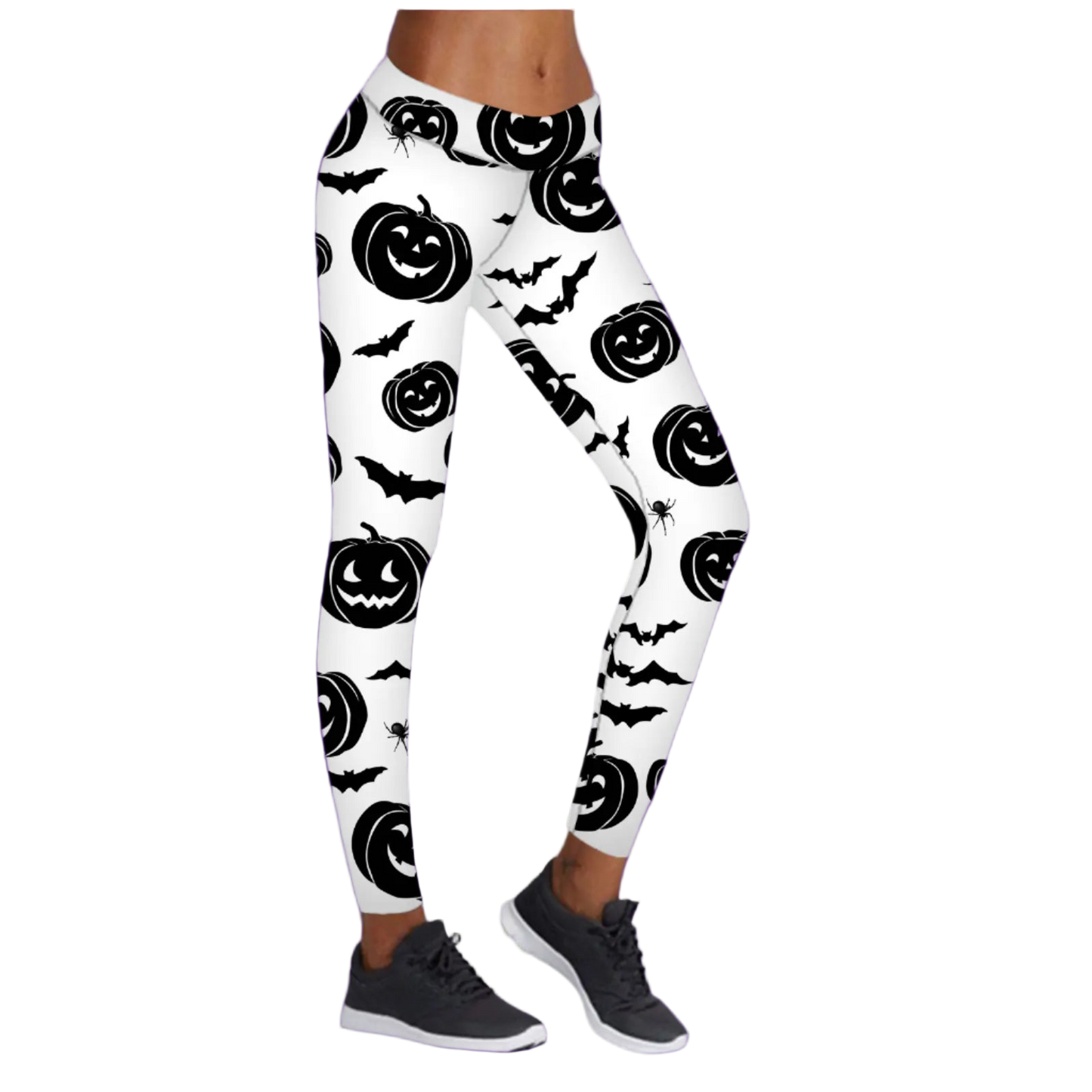 Leggings with Halloween-themed design featuring pumpkins and bats on a white background.