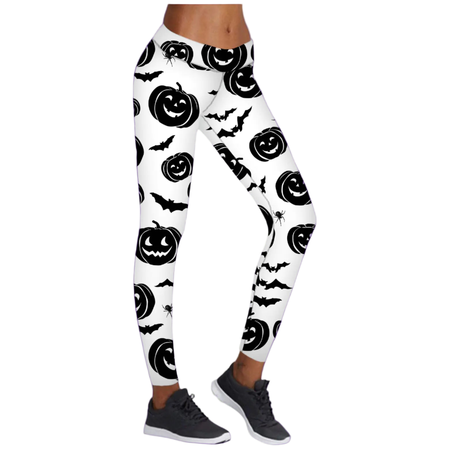 Leggings with Halloween-themed design featuring pumpkins and bats on a white background.