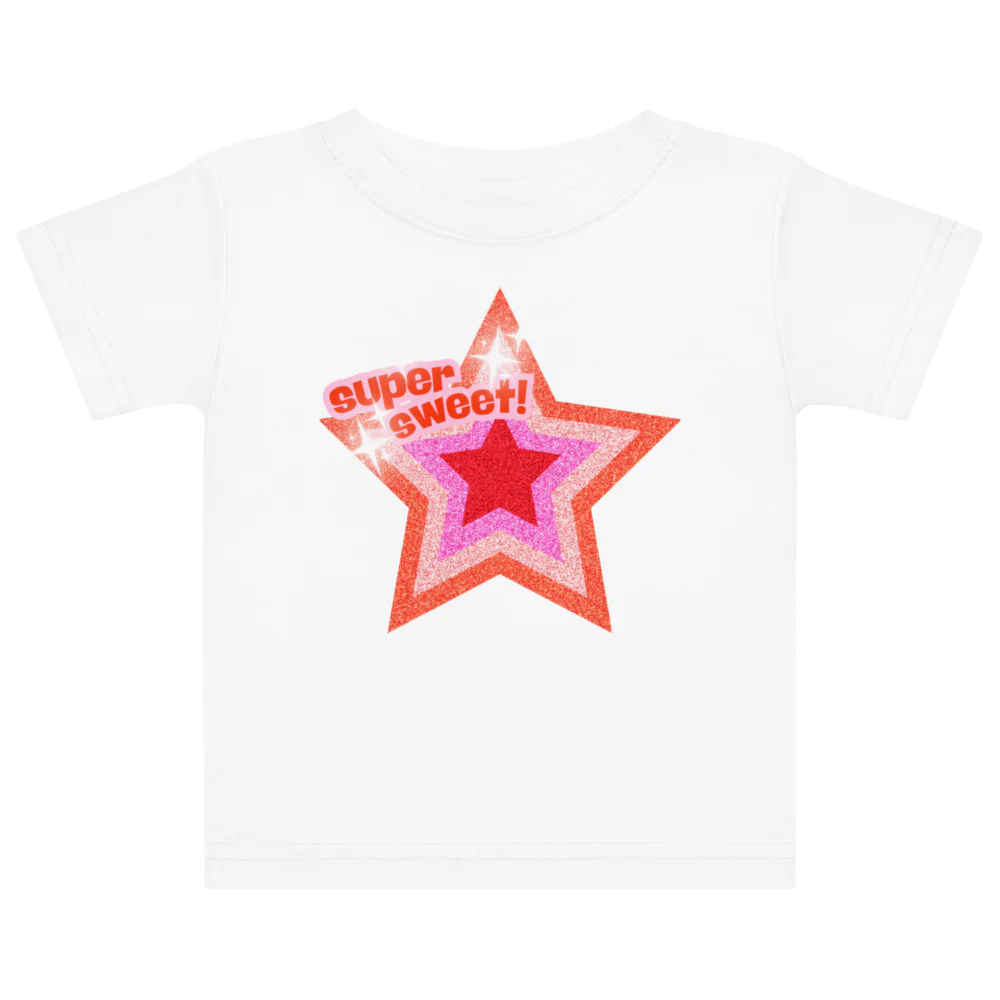 White t-shirt with a red star and 'super sweet!' text on a white background