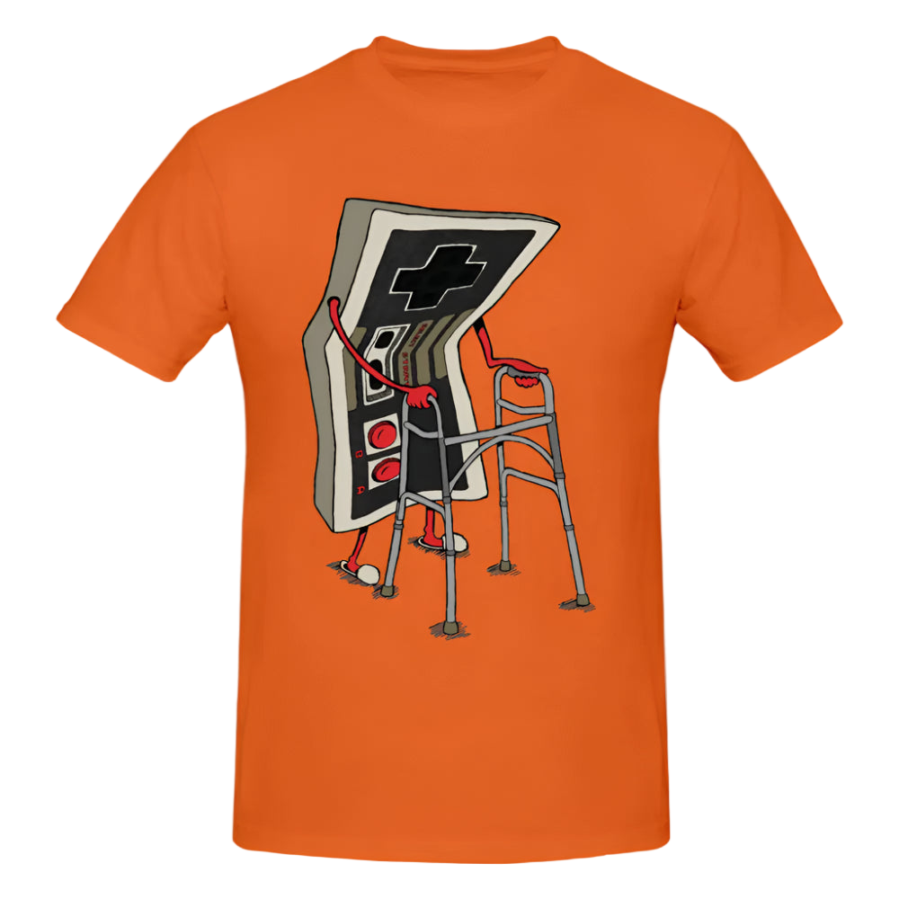 Orange t-shirt with a graphic design of a game controller and chair on a white background