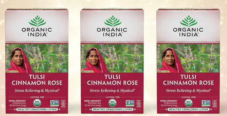 Three boxes of Organic India Tulsi Cinnamon Rose on a white background
