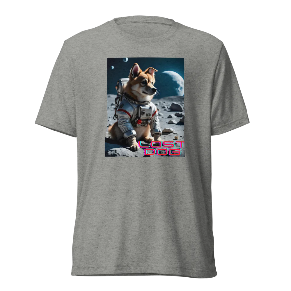 Gray t-shirt with a graphic of a dog in an astronaut suit on the moon, labeled 'Lost Dog'.