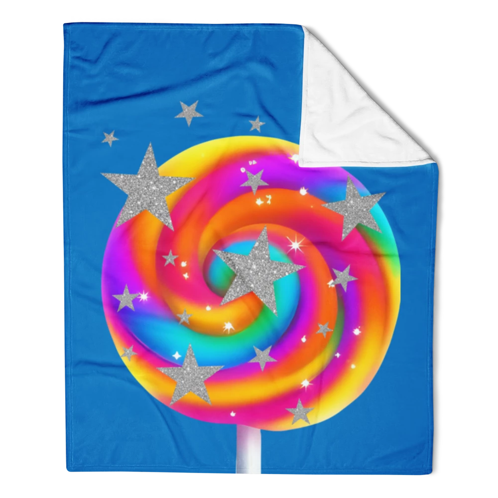 Colorful swirl design with stars on a blue blanket
