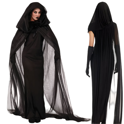 Black hooded costume with sheer overlay on a white background
