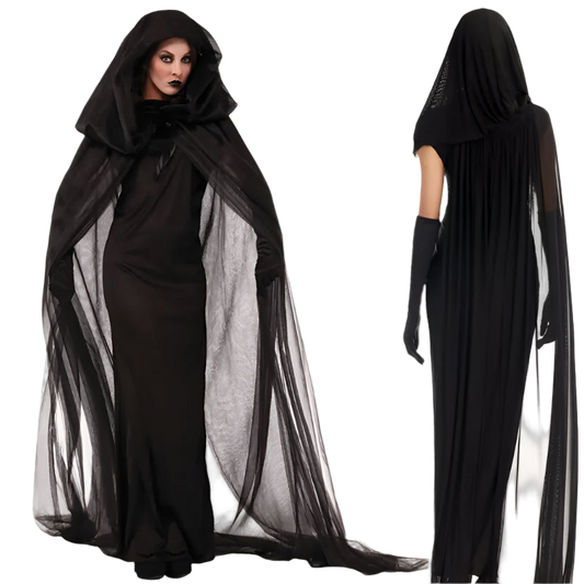 Black hooded costume with sheer overlay on a white background