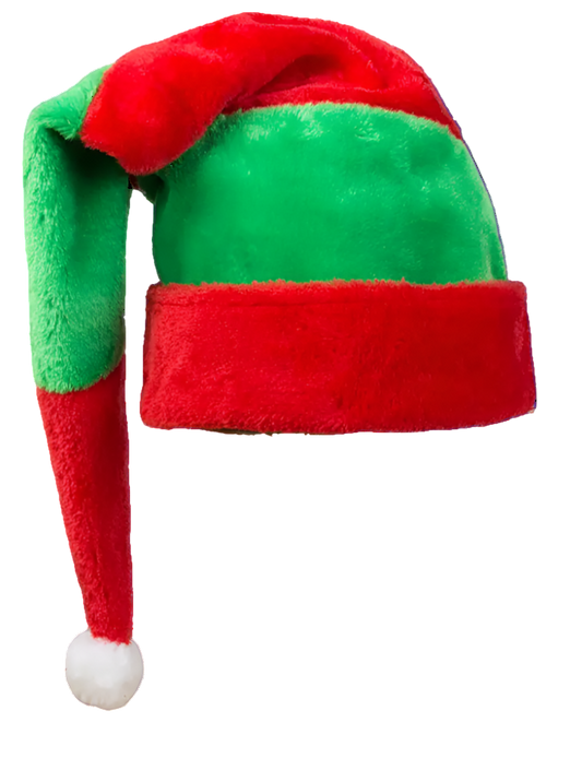 Green and red elf hat on a wooden stand against a light gray background
