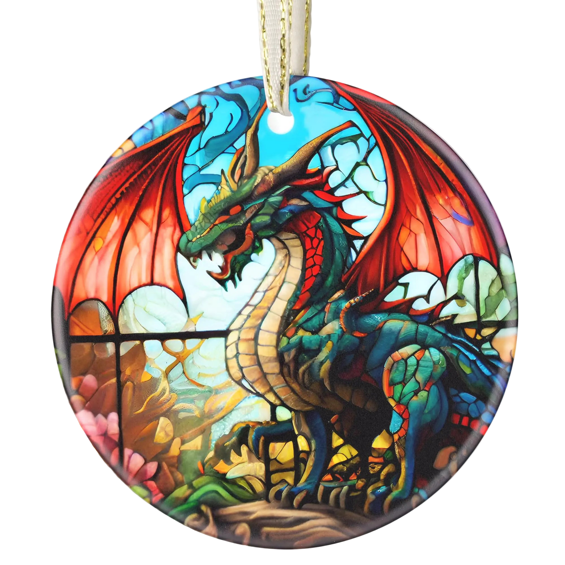 Colorful dragon ornament hanging on a Christmas tree
