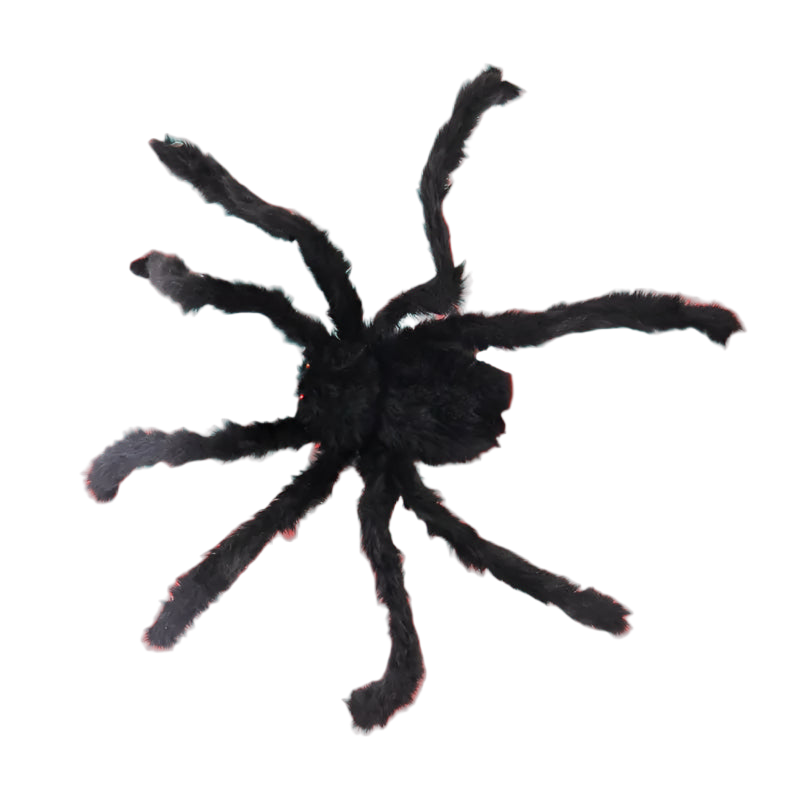 Large black spider plush toy held by a hand on a white background