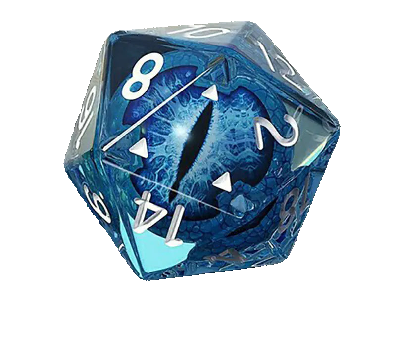 Blue polyhedral dice with white numbers on a gray background, featuring Dragon Eye Dice branding.