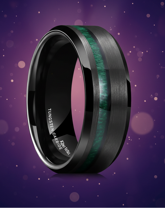 Black tungsten carbide ring with green inlay on a white background