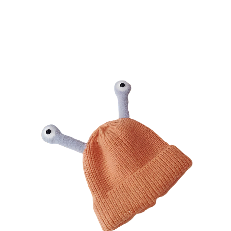 Knitted orange hat with gray antennae on a light gray background