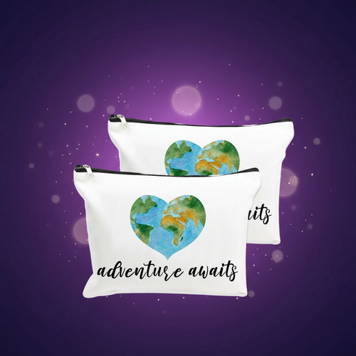 Two white pouches with a heart-shaped world map design and 'adventure awaits' text on a white background.