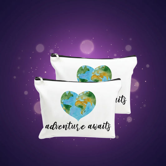 Two white pouches with a heart-shaped world map design and 'adventure awaits' text on a white background.