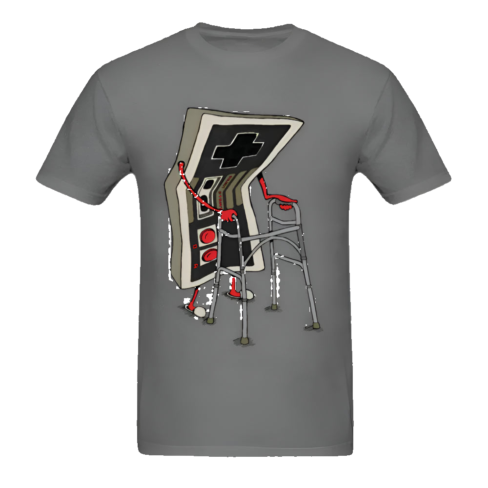 Gray t-shirt with a graphic design of a controller and chair on a white background
