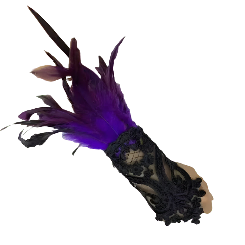 Black lace glove with purple feathers on a white background