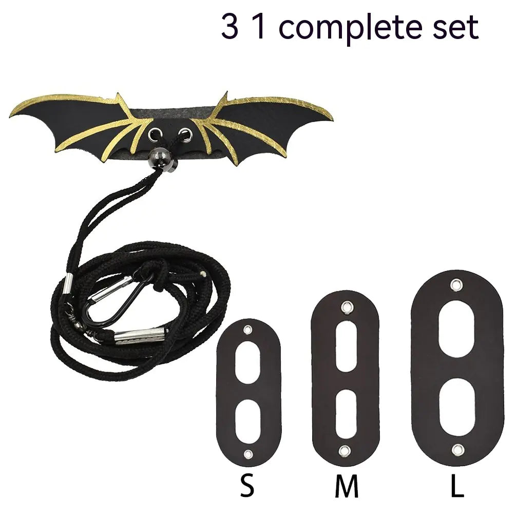 Bat-shaped car antenna with a set of black license plate holders labeled S, M, and L on a white background.