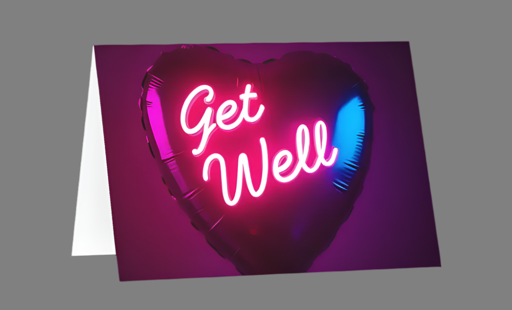 Neon-style 'Get Well' card with heart-shaped balloon design on a purple background