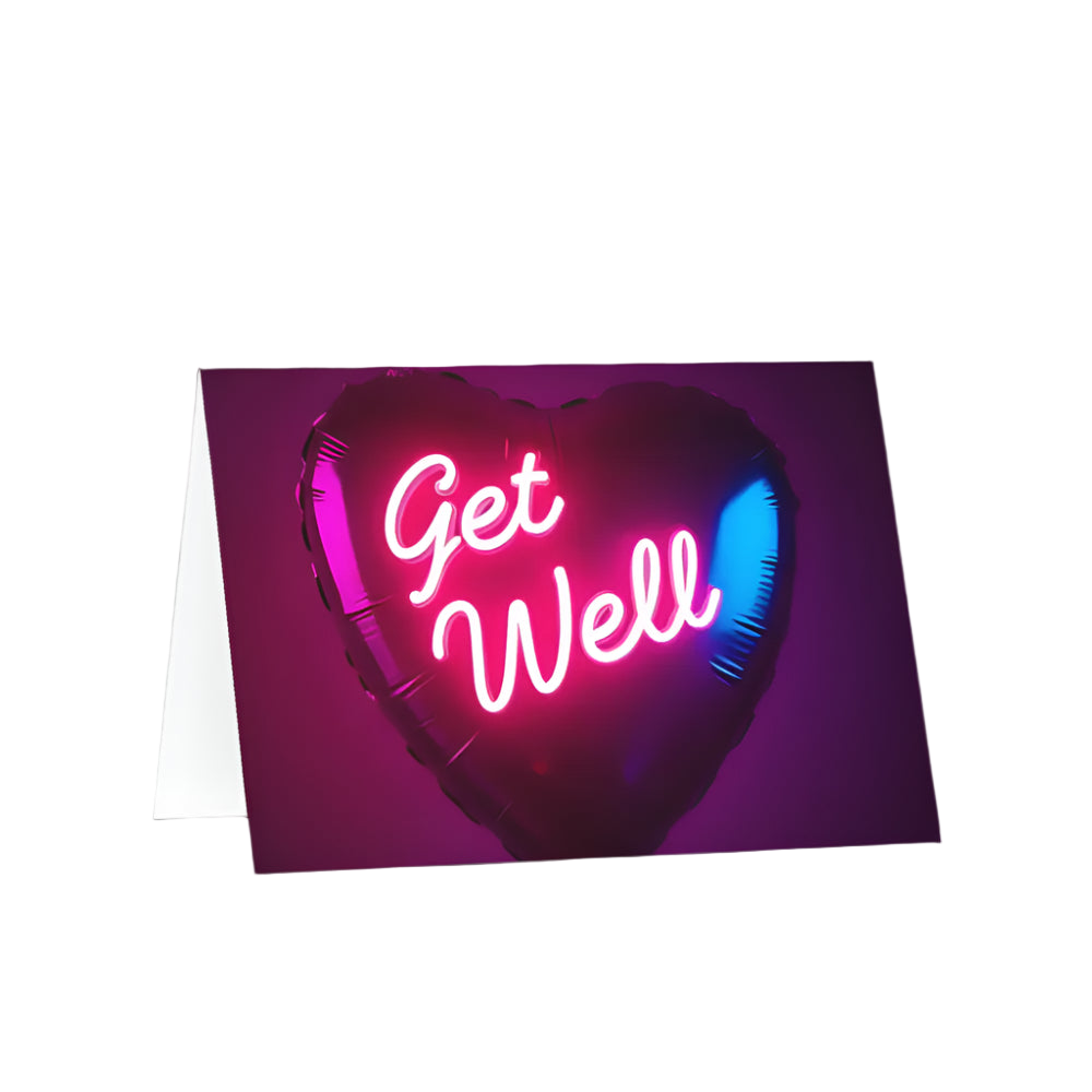 Neon-style 'Get Well' text on a heart-shaped balloon with a purple background