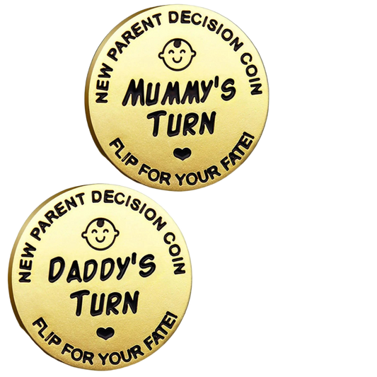 Gold decision coins with 'Mummy's Turn' and 'Daddy's Turn' text, held by a hand.