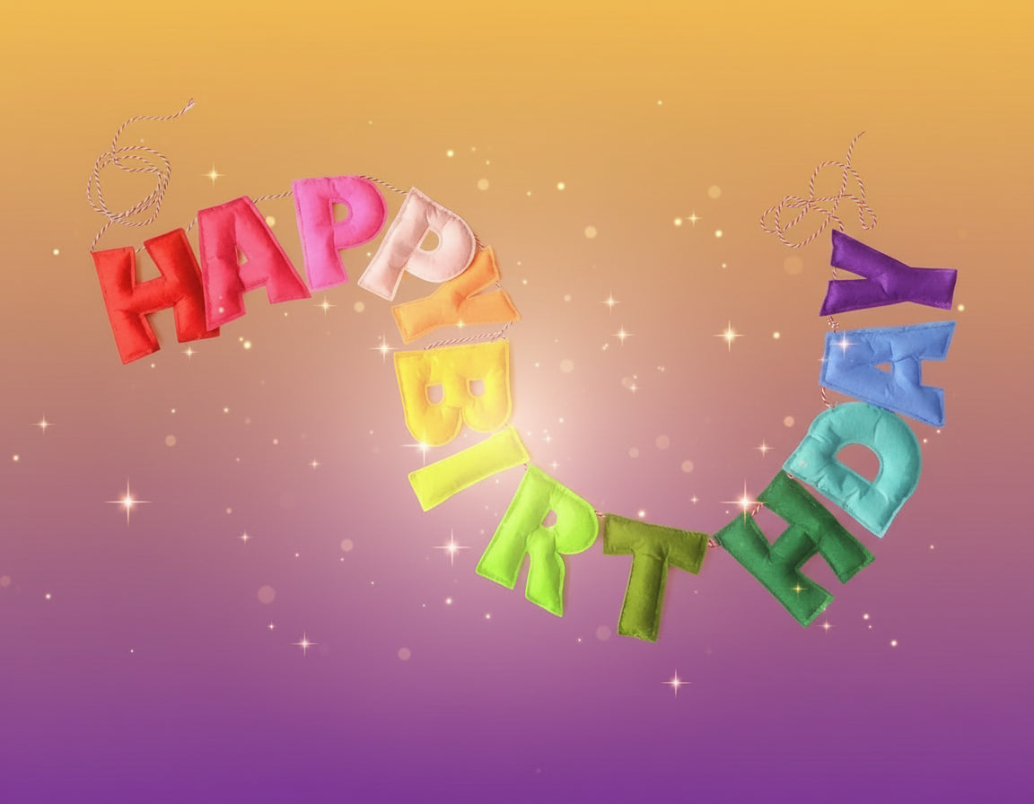 Colorful 'Happy Birthday' banner on a white background