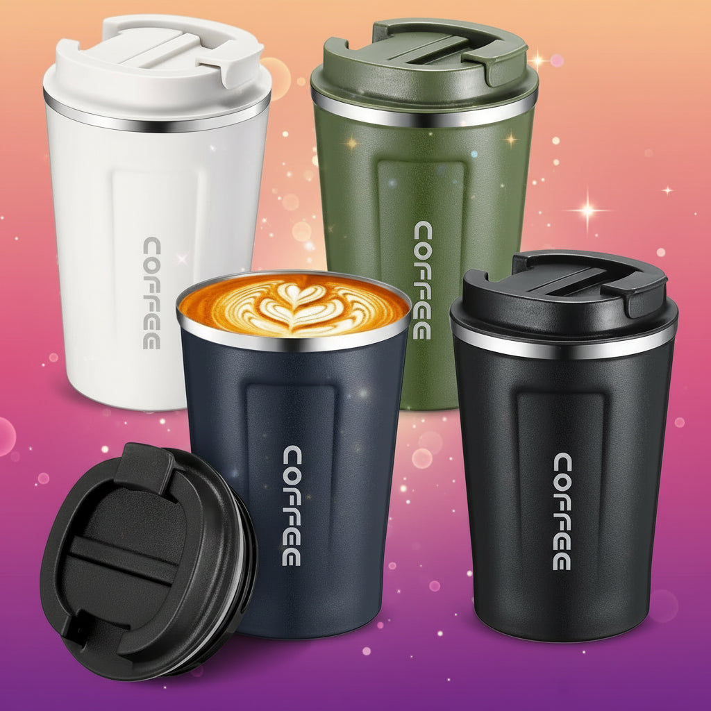 Four insulated coffee tumblers in different colors with 'COFFEE' text on a white background.
