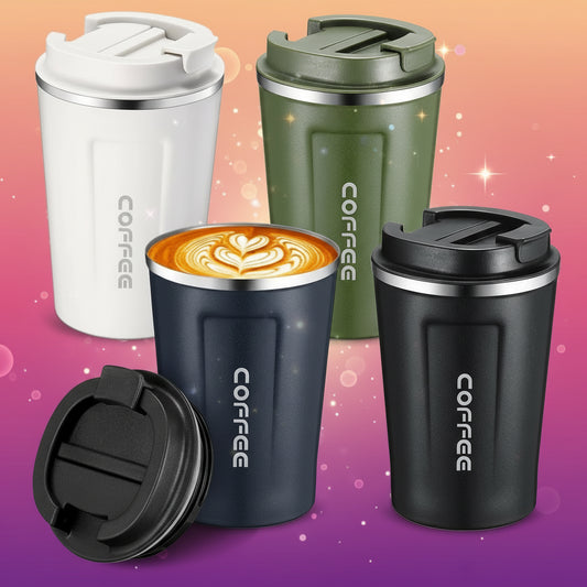 Four insulated coffee tumblers in different colors with 'COFFEE' text on a white background.