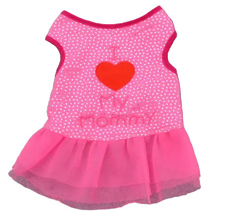 Pink pet dress with red heart and 'Mommy' text on a gray background