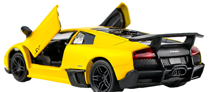 Yellow sports car model with open doors on a white background