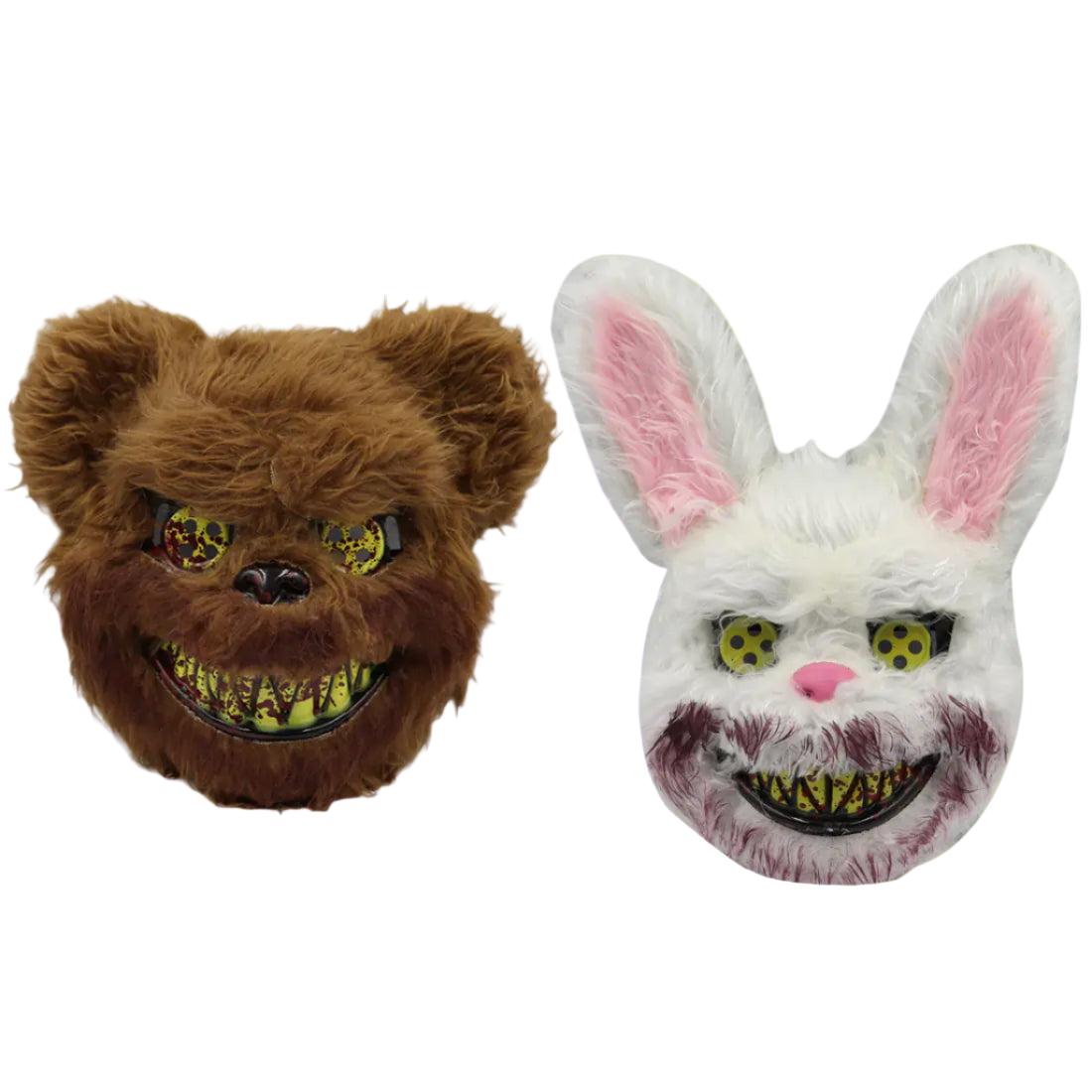 Two plush masks, one brown bear and one white rabbit, on a white background.